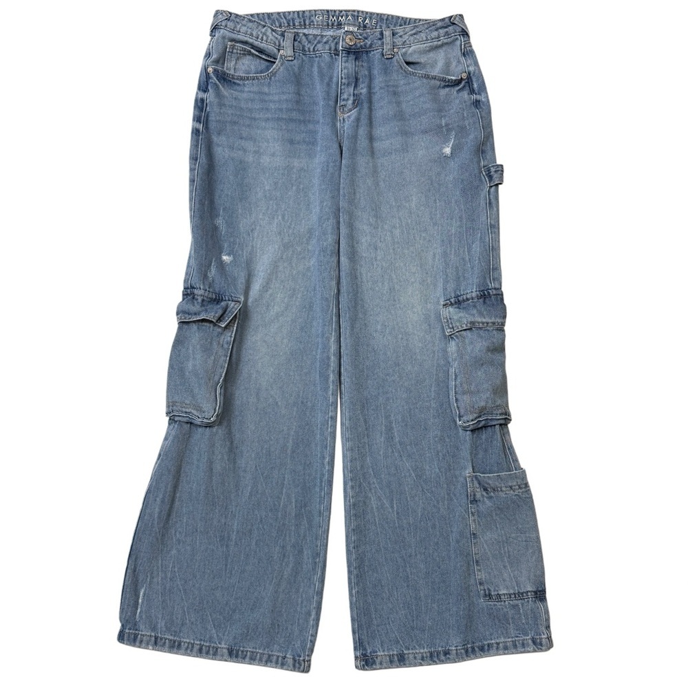 {Gemma Rae} Remedy Blue Low Rise Wide Leg Cargo Distressed Denim Jeans